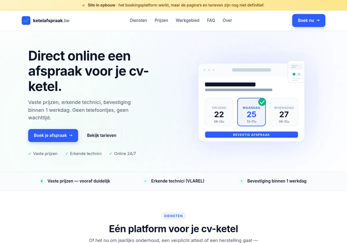 Ketelafspraak.be homepage op desktop
